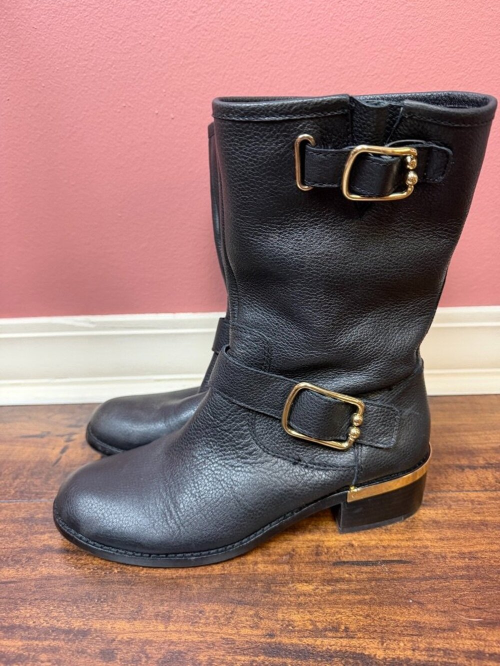 New Vince Camuto women's black leather wantilla moto boots size 8.5 gold accents